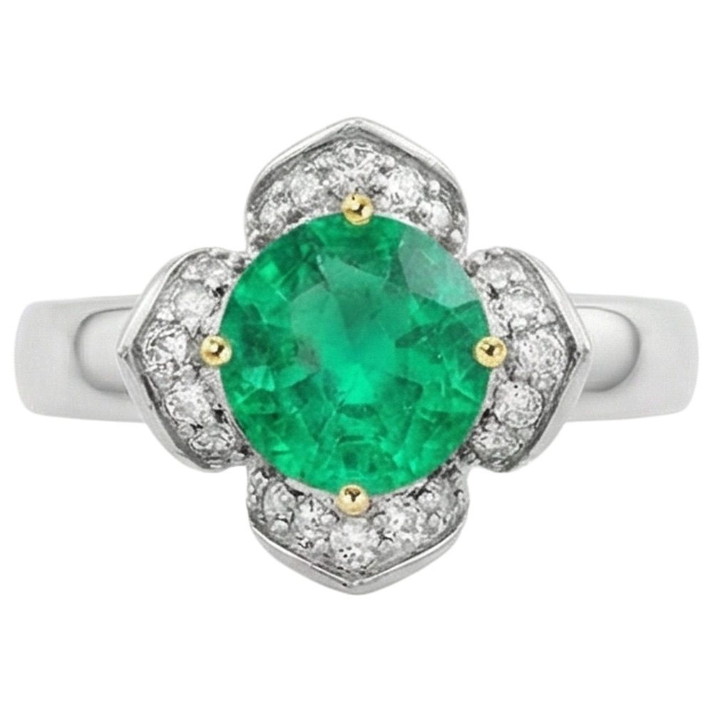 Fine Emerald Round Cut Colored Stone Ring in 14 Karat Two Tone Gold – angle view