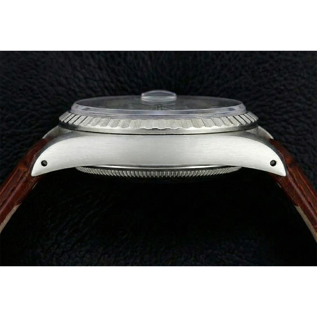 Fluted Bezel Rolex Ss Men's Watch Date Just Brown Leather Band QUICK SET