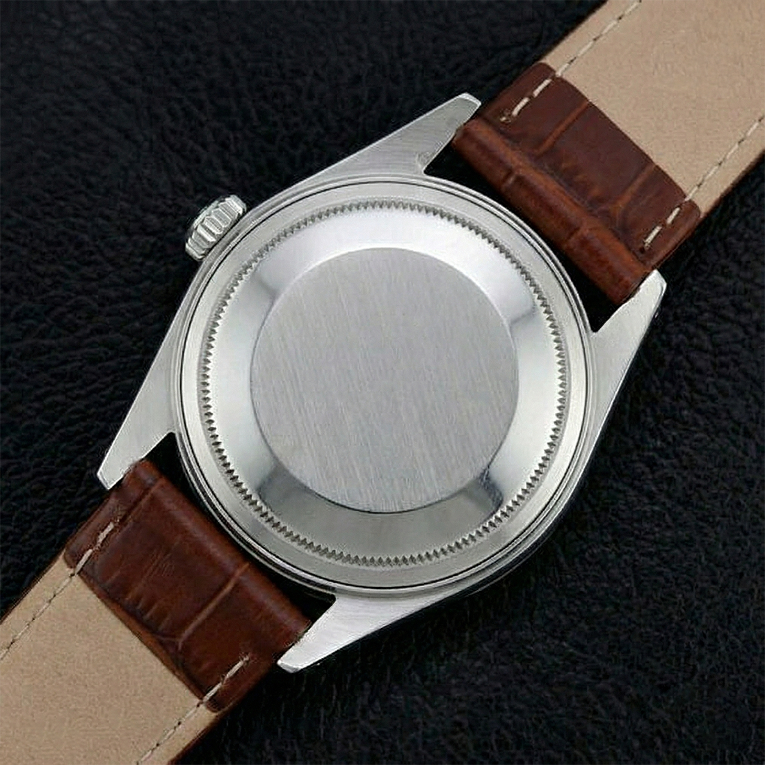 Fluted Bezel Rolex Ss Men's Watch Date Just Brown Leather Band QUICK SET