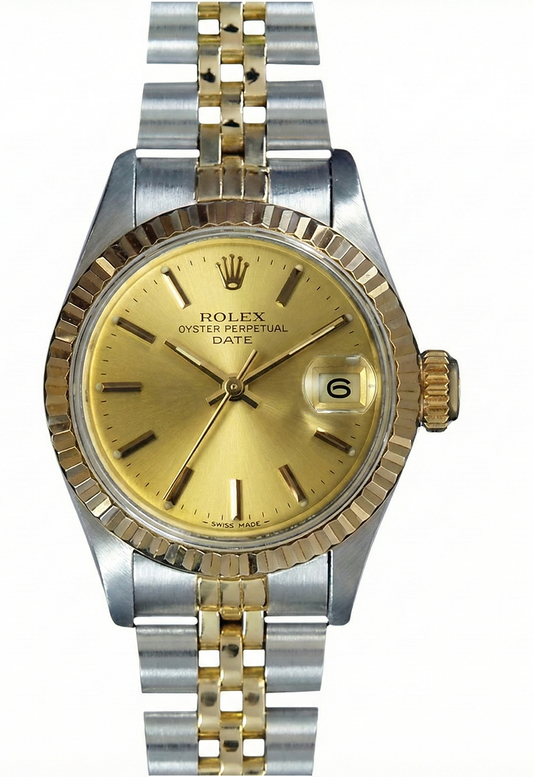 Fluted Bezel Champagne Stick Dial Rolex Date Women Watch Jubilee