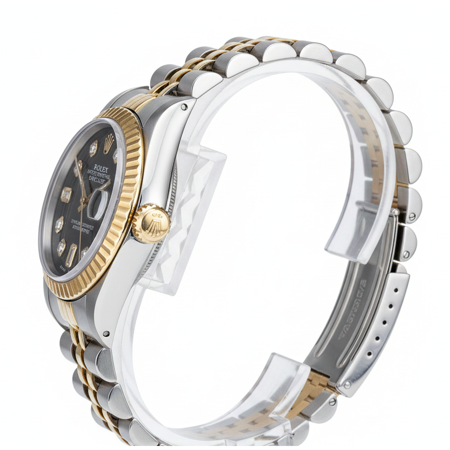 Fluted Bezel Rolex Ss & Gold Baguette Natural Earth Mined Diamond Dial Datejust Watch