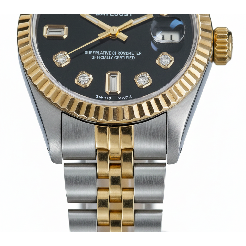 Fluted Bezel Rolex Ss & Gold Baguette Natural Earth Mined Diamond Dial Datejust Watch