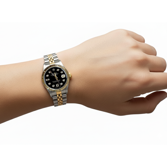 Fluted Bezel Rolex Ss & Gold Baguette Natural Earth Mined Diamond Dial Datejust Watch P2