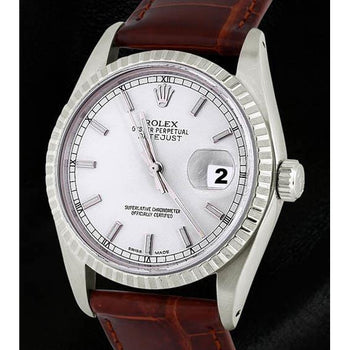 Fluted Bezel Rolex Ss Men's Watch Date Just Brown Leather Band QUICK-SET