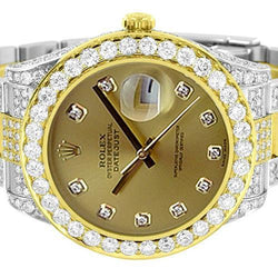 Fully Iced Out Natural Earth Mined Diamond Rolex Datejust Watch Ss And Gold 10 Carats