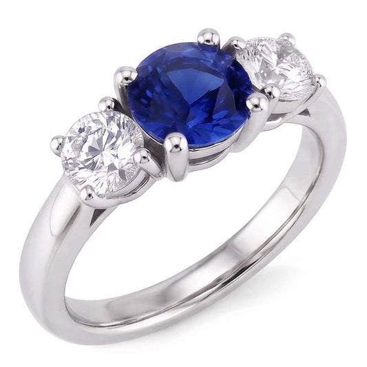 Gemstone 3 Stone Ring Round Sri Lankan Sapphire 2.50 Carats Natural Earth Mined Diamond