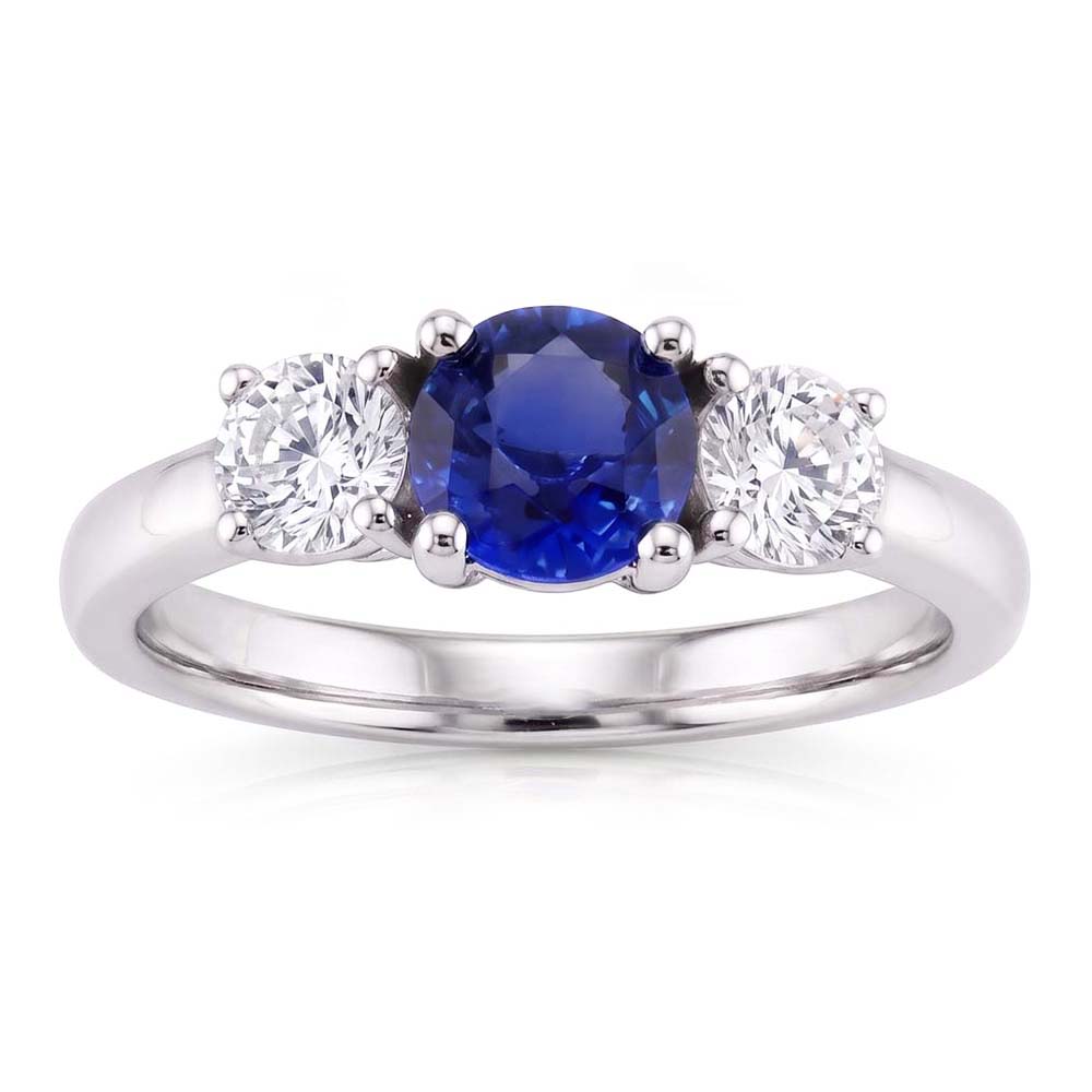 Gemstone 3 Stone Ring Round Sri Lankan Sapphire 2.50 Carats Natural Earth Mined Diamond