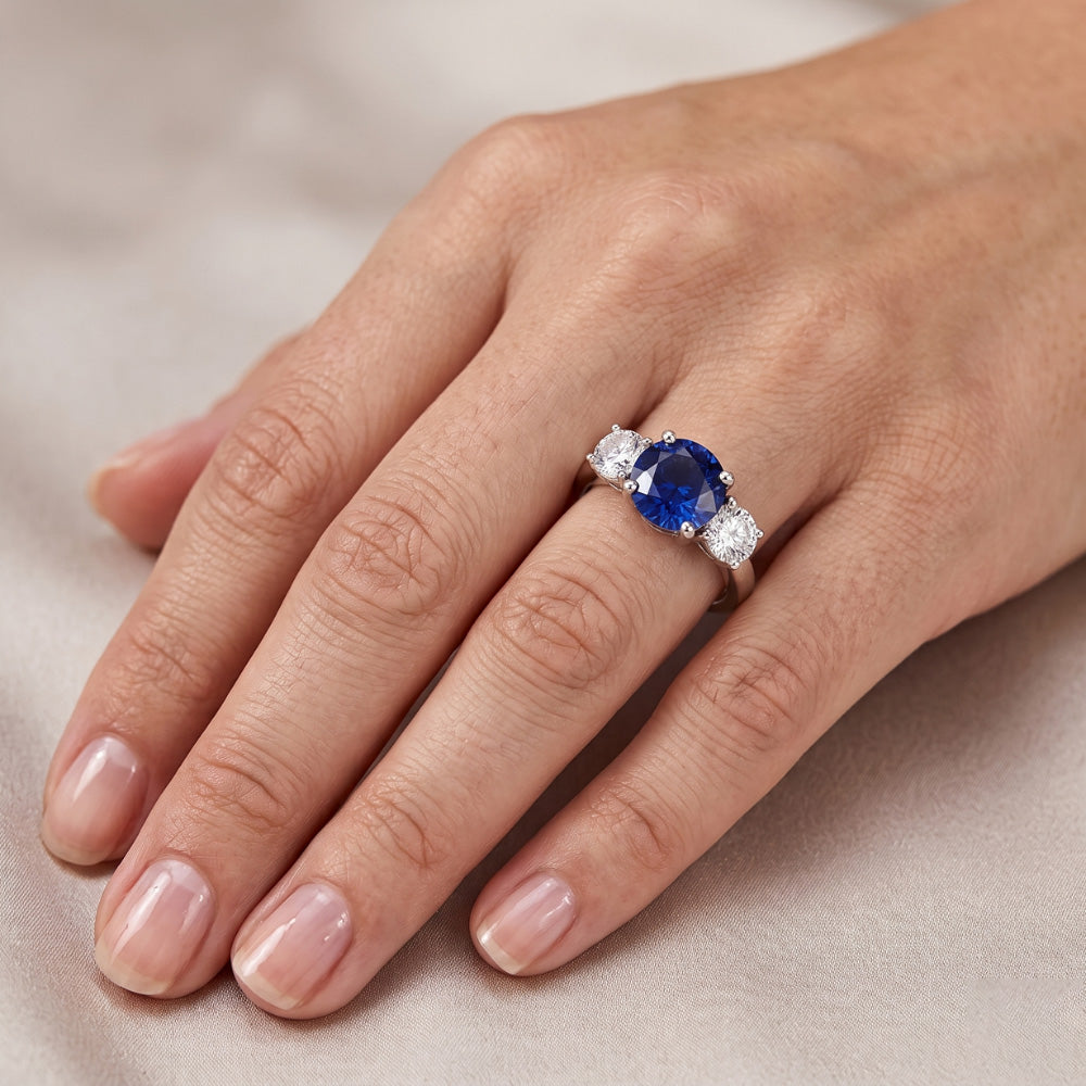 Gemstone 3 Stone Ring Round Sri Lankan Sapphire 2.50 Carats Natural Earth Mined Diamond