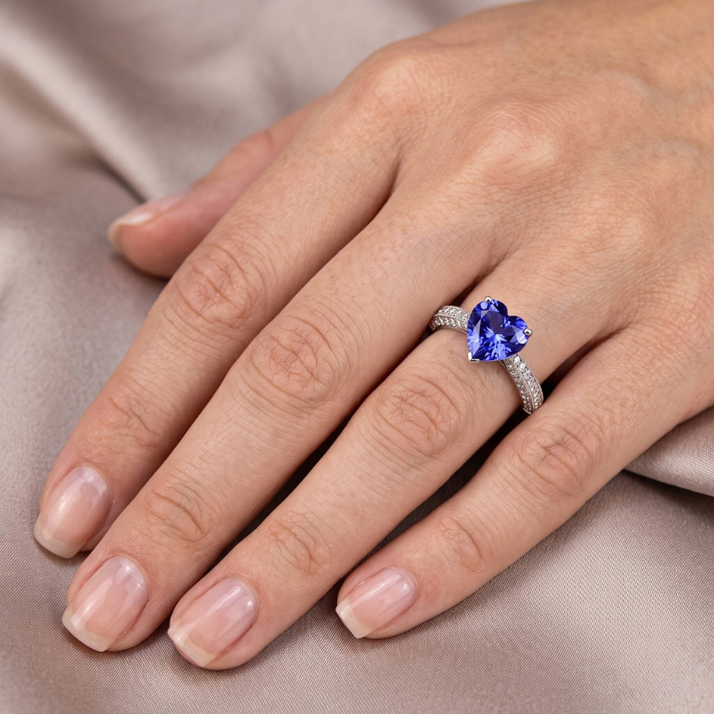 Gemstone Blue Sapphire Ring 4 Carats Multi Row Pave Natural Earth Mined Diamonds