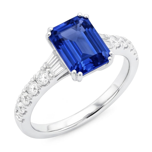 Gemstone Blue Sapphire Ring Baguette & Round Accents 3.50 Carats