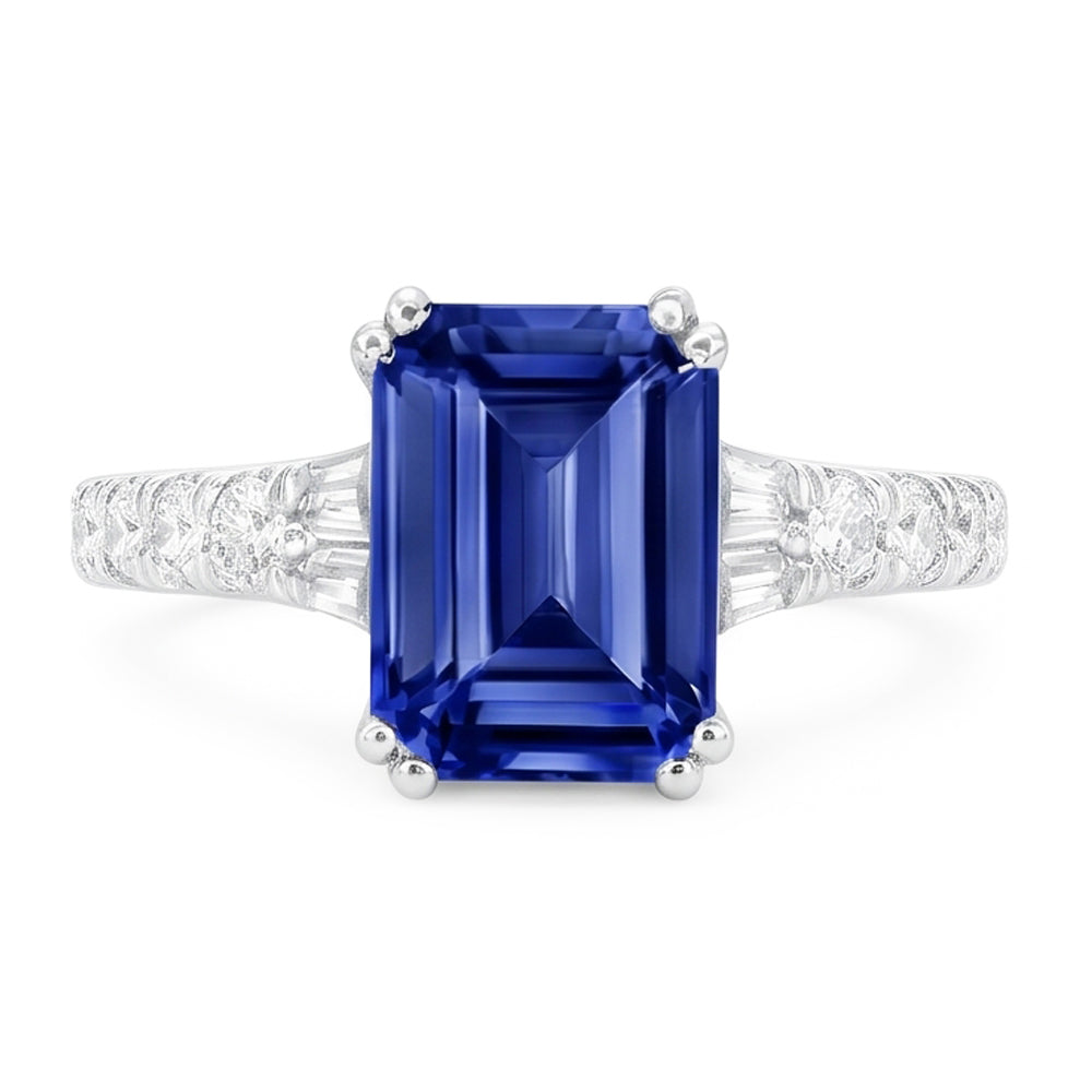 Gemstone Blue Sapphire Ring Baguette & Round Accents 3.50 Carats