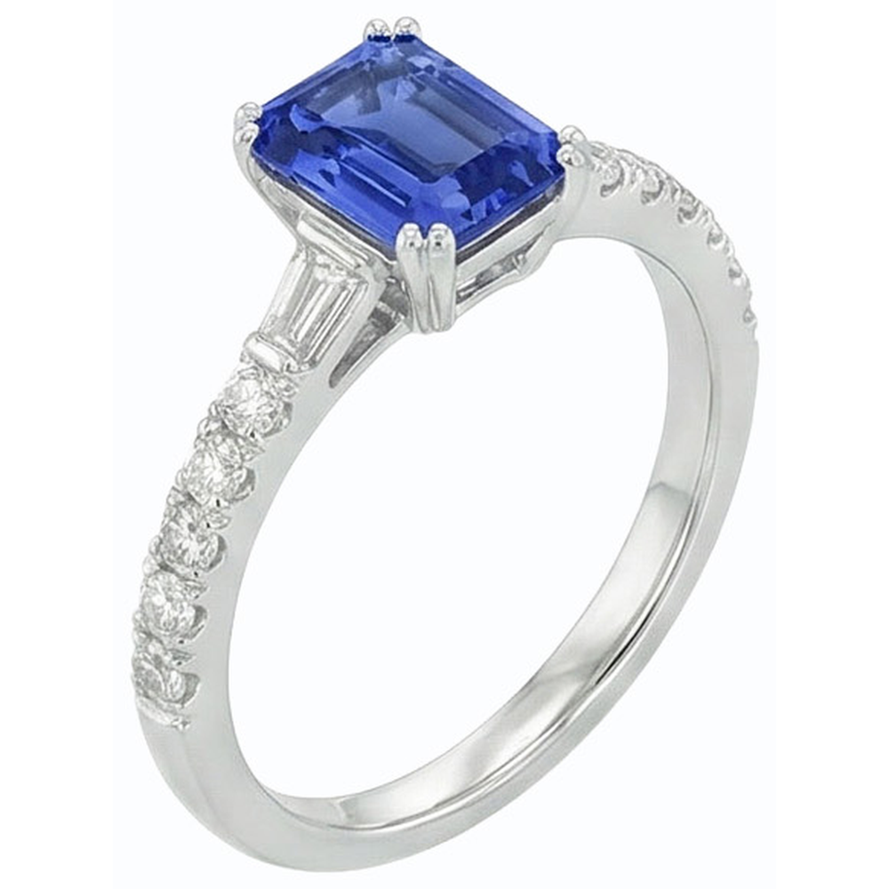 Gemstone Blue Sapphire Ring Baguette & Round Accents 3.50 Carats