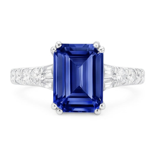 Gemstone Blue Sapphire Ring Baguette & Round Accents 3.50 Carats