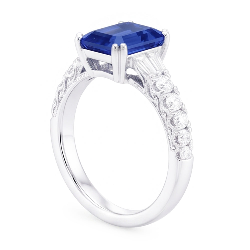 Gemstone Blue Sapphire Ring Baguette & Round Accents 3.50 Carats