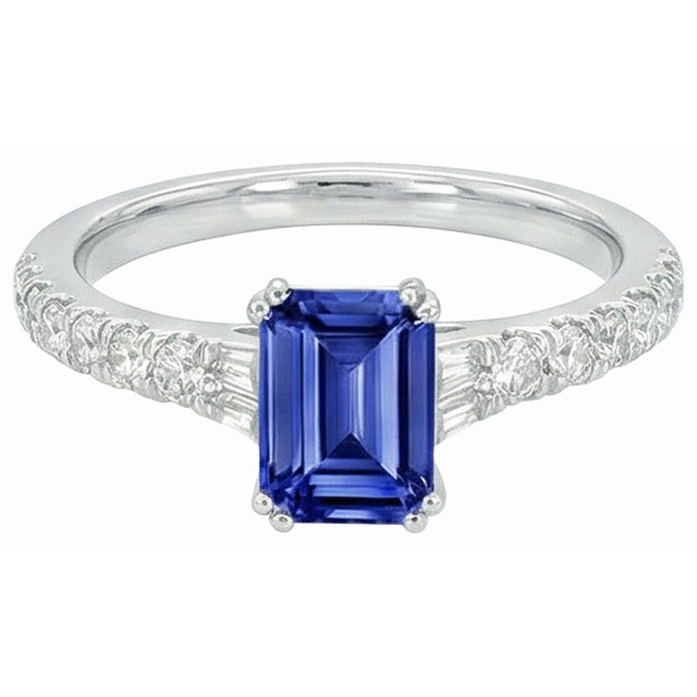 Gemstone Blue Sapphire Ring Baguette & Round Accents 3.50 Carats
