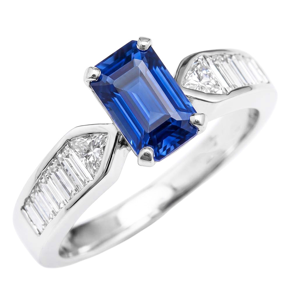 Gemstone Blue Sapphire Ring Trillion & Baguettes Accented 3.50 Carats