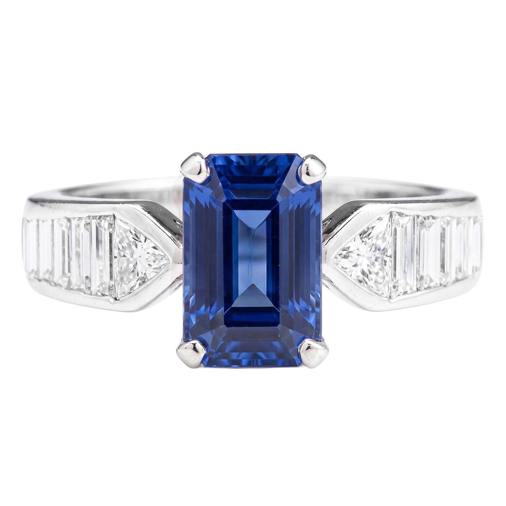 Gemstone Blue Sapphire Ring Trillion & Baguettes Accented 3.50 Carats