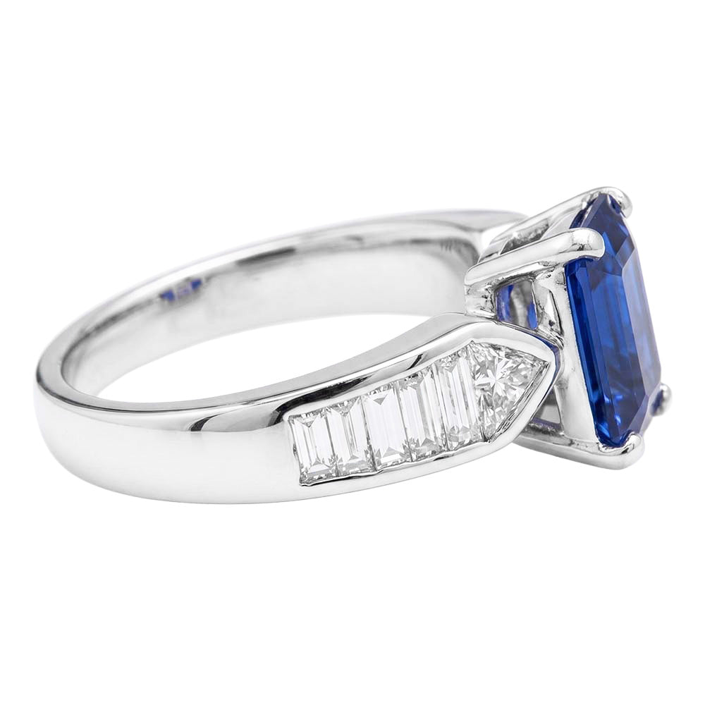 Gemstone Blue Sapphire Ring Trillion & Baguettes Accented 3.50 Carats