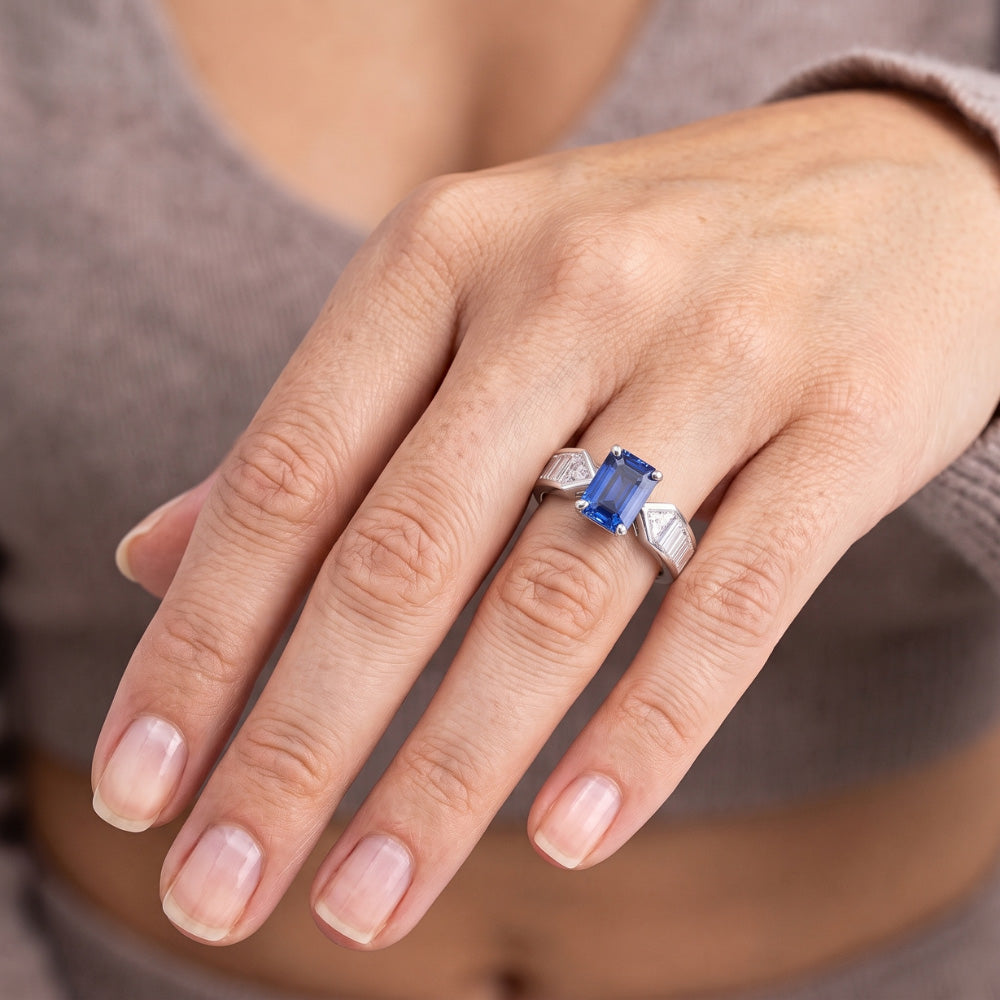 Gemstone Blue Sapphire Ring Trillion & Baguettes Accented 3.50 Carats