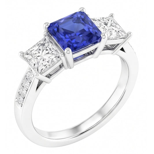 Gemstone Cushion Sapphire Ring Princess & Round Natural Earth Mined Diamonds 3 Carats