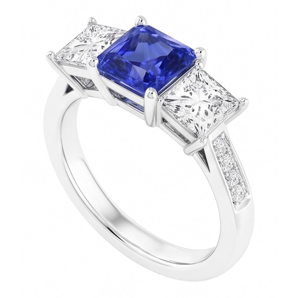 Gemstone Cushion Sapphire Ring Princess & Round Natural Earth Mined Diamonds 3 Carats