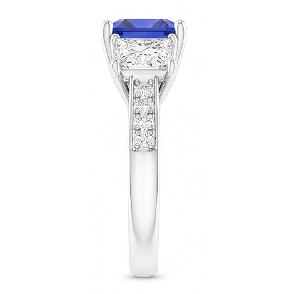 Gemstone Cushion Sapphire Ring Princess & Round Natural Earth Mined Diamonds 3 Carats