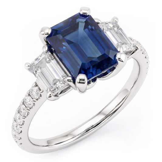 Gemstone Emerald Blue Sapphire Ring 3 Stone Style & Natural Earth Mined Diamonds 4 Carats