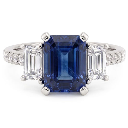 Gemstone Emerald Blue Sapphire Ring 3 Stone Style & Natural Earth Mined Diamonds 4 Carats