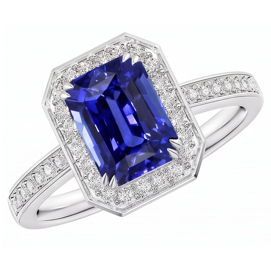 Gemstone Halo Emerald Blue Sapphire Ring Prong Set Natural Earth Mined Diamonds 5 Carats