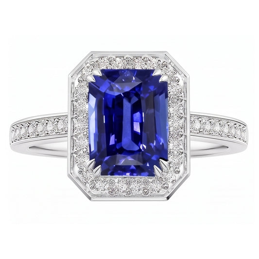 Gemstone Halo Emerald Blue Sapphire Ring Prong Set Natural Earth Mined Diamonds 5 Carats
