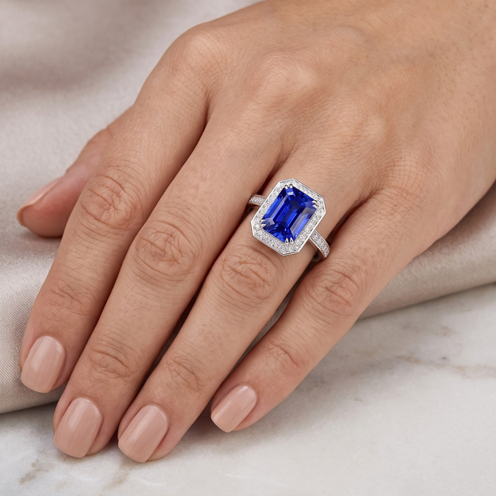 Gemstone Halo Emerald Blue Sapphire Ring Prong Set Natural Earth Mined Diamonds 5 Carats