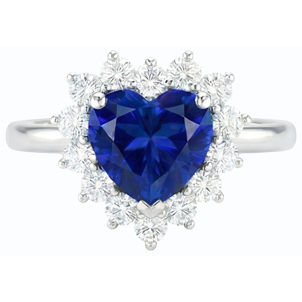 Gemstone Halo Heart Blue Sapphire & Natural Earth Mined Diamond Ring Star Style 3 Carats