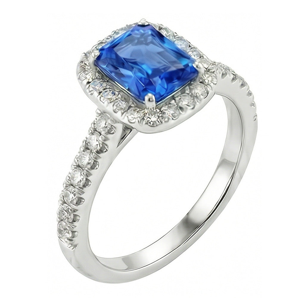 Gemstone Halo Sapphire Ring 2.50 Carats Scallop Set Natural Earth Mined Diamonds Jewellery
