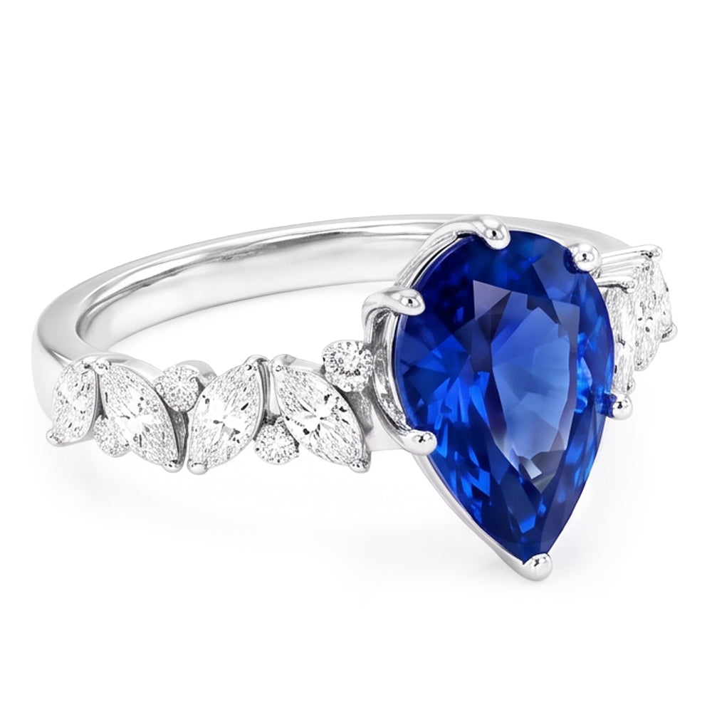 Gemstone Jewellery Blue Sapphire Ring Marquise & Round Natural Earth Mined Diamonds 3 Carats