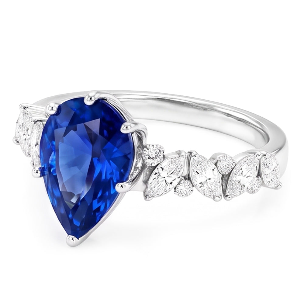 Gemstone Jewellery Blue Sapphire Ring Marquise & Round Natural Earth Mined Diamonds 3 Carats