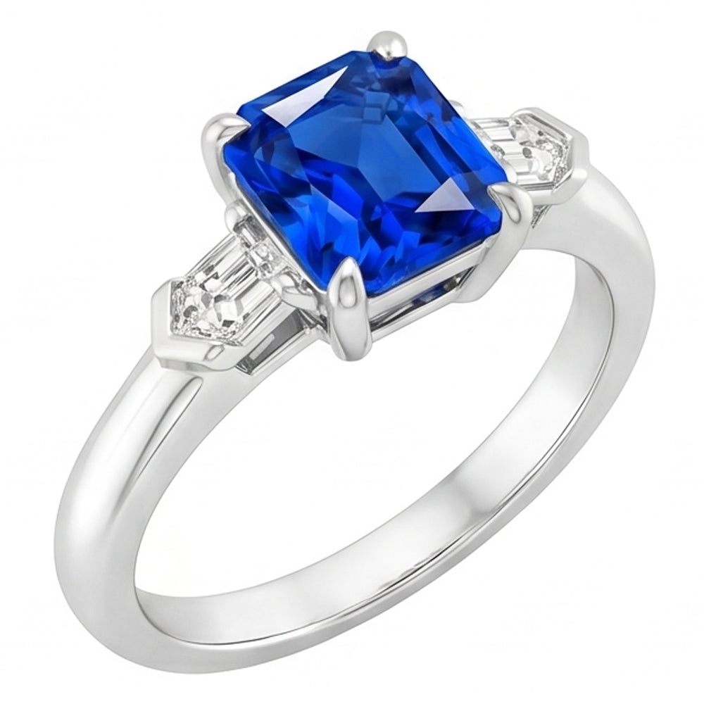 Gemstone Jewellery Radiant Sapphire & Baguette Natural Earth Mined Diamond Ring 1.75 Carats