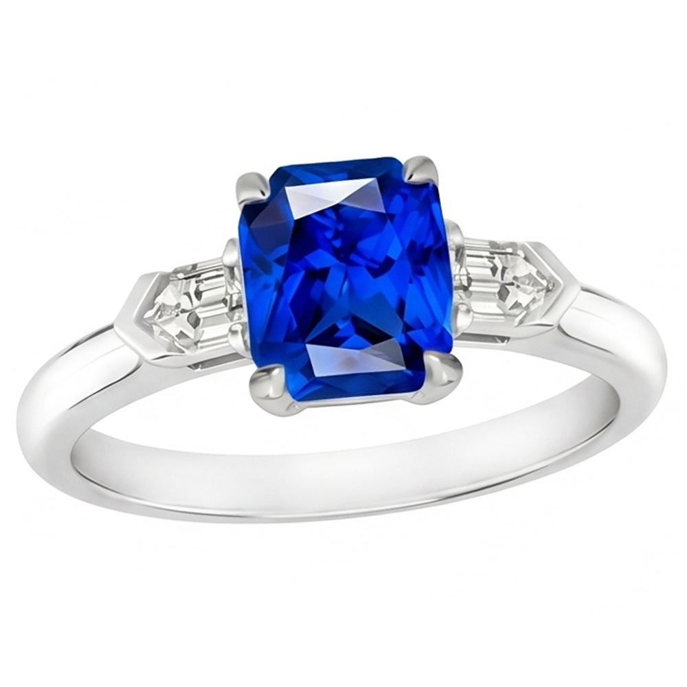 Gemstone Jewellery Radiant Sapphire & Baguette Natural Earth Mined Diamond Ring 1.75 Carats