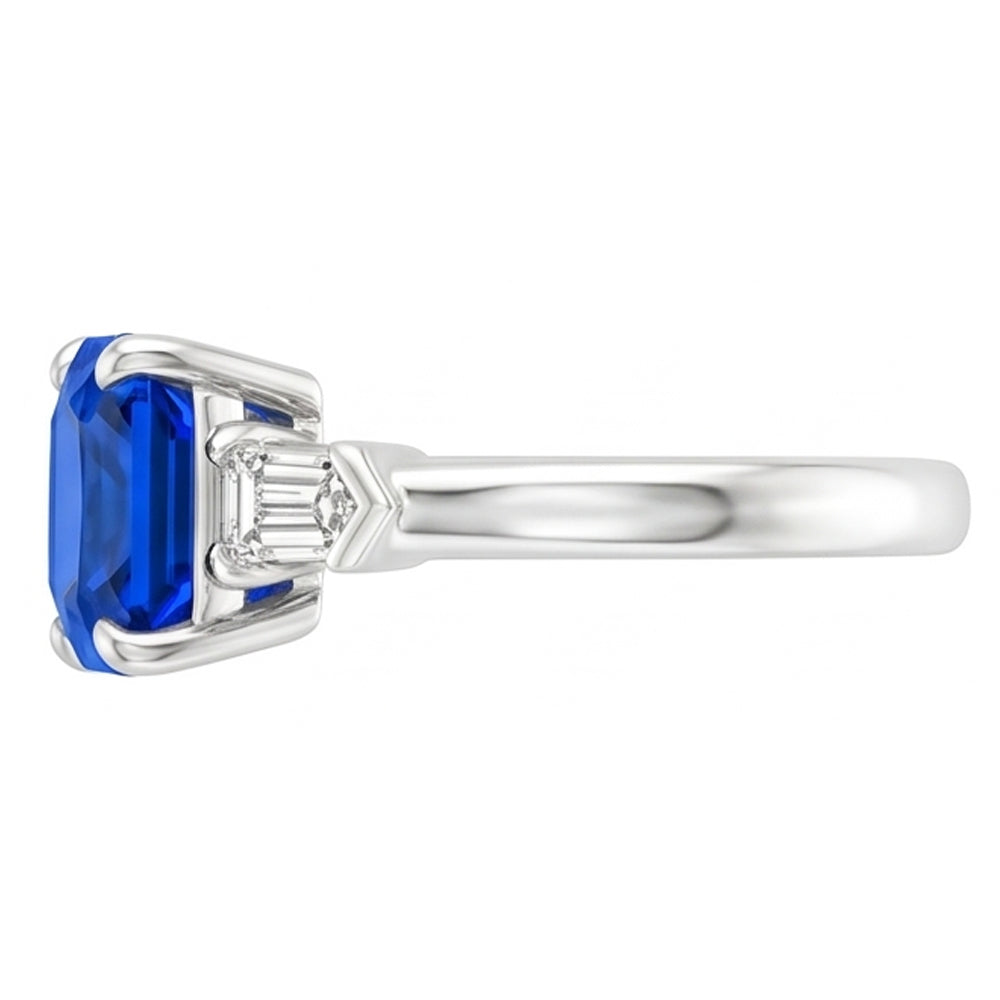 Gemstone Jewellery Radiant Sapphire & Baguette Natural Earth Mined Diamond Ring 1.75 Carats
