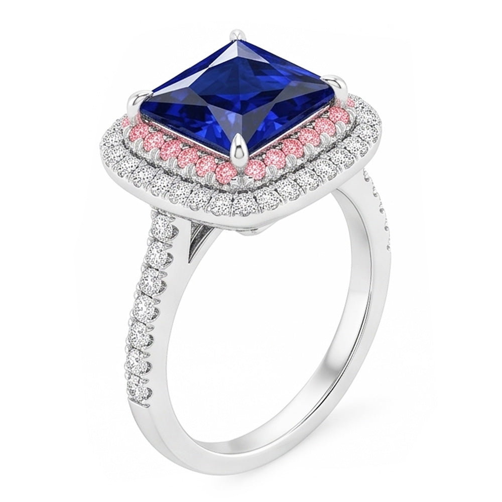 Gemstone Natural Earth Mined Diamond Ring Blue & Pink Sapphire Double Halo 6.50 Carat Gold