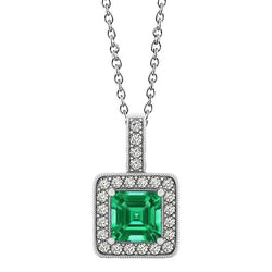 Gemstone Pendant Necklace 4 Ct Asscher Cut Green Emerald And Round Diamonds