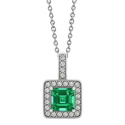 Gemstone Pendant Necklace 4 Ct Asscher Cut Green Emerald And Round Natural Earth Mined Diamonds