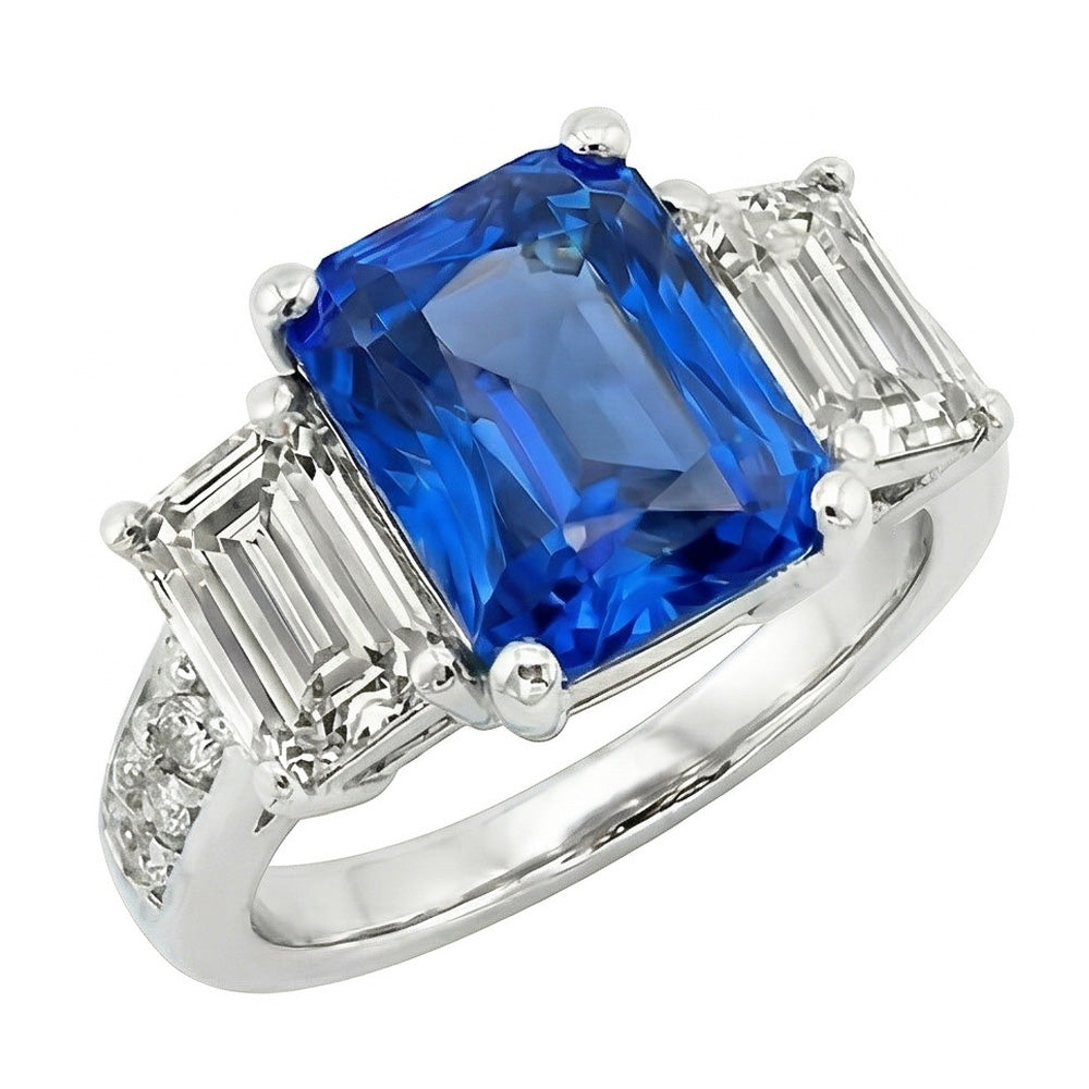 Gemstone Radiant Sapphire Ring 4.50 Carats Emerald & Round Natural Earth Mined Diamonds