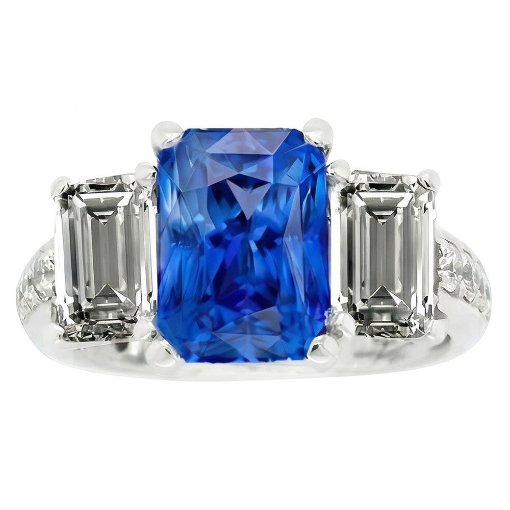 Gemstone Radiant Sapphire Ring 4.50 Carats Emerald & Round Natural Earth Mined Diamonds
