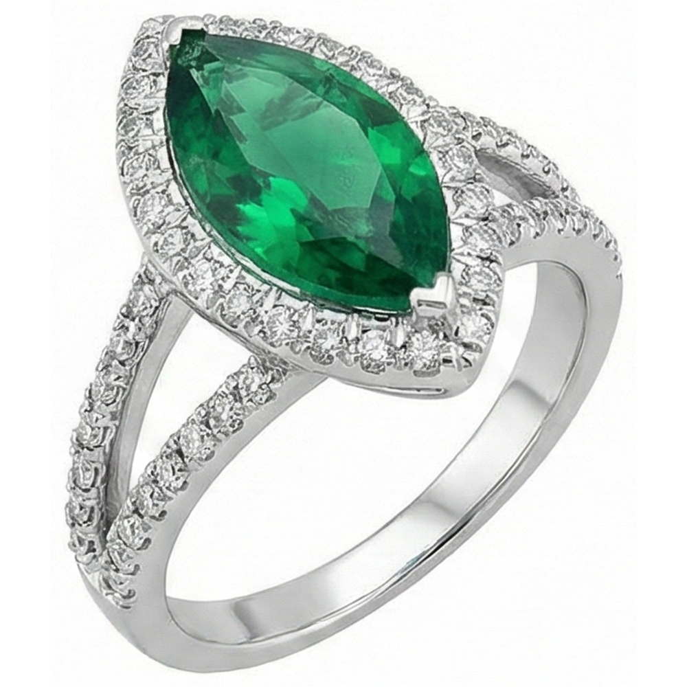 Gemstone Ring 14K Marquise Green Emerald & Round Natural Earth Mined DIAMOND ( NOT LAB GROWN )s 3.35 Ct.