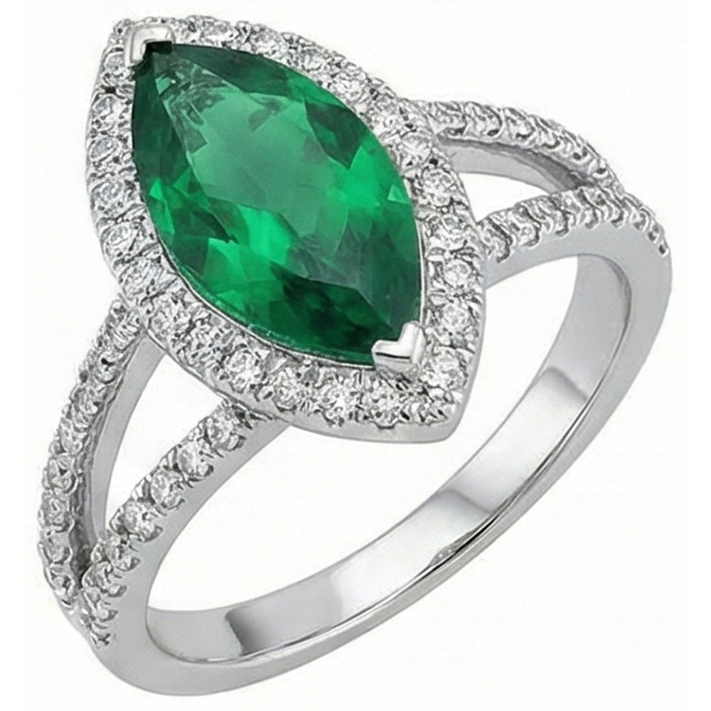 Gemstone Ring 14K Marquise Green Emerald & Round Natural Earth Mined DIAMOND ( NOT LAB GROWN )s 3.35 Ct.