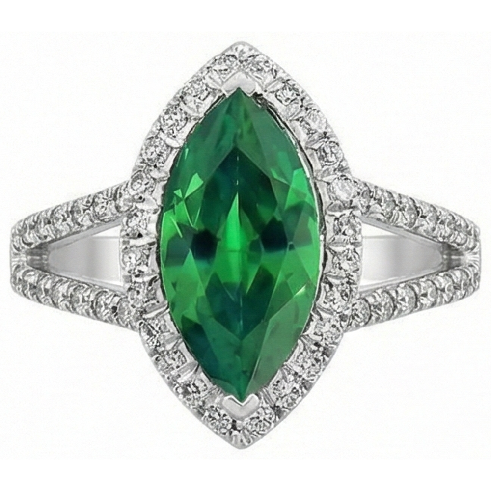 Gemstone Ring 14K Marquise Green Emerald & Round Natural Earth Mined DIAMOND ( NOT LAB GROWN )s 3.35 Ct.