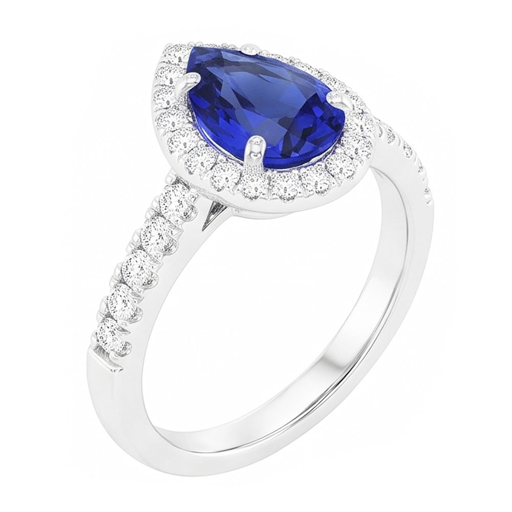 Gemstone Ring 14K White Gold – Royal Blue Sapphire Pear Cut 1.50
