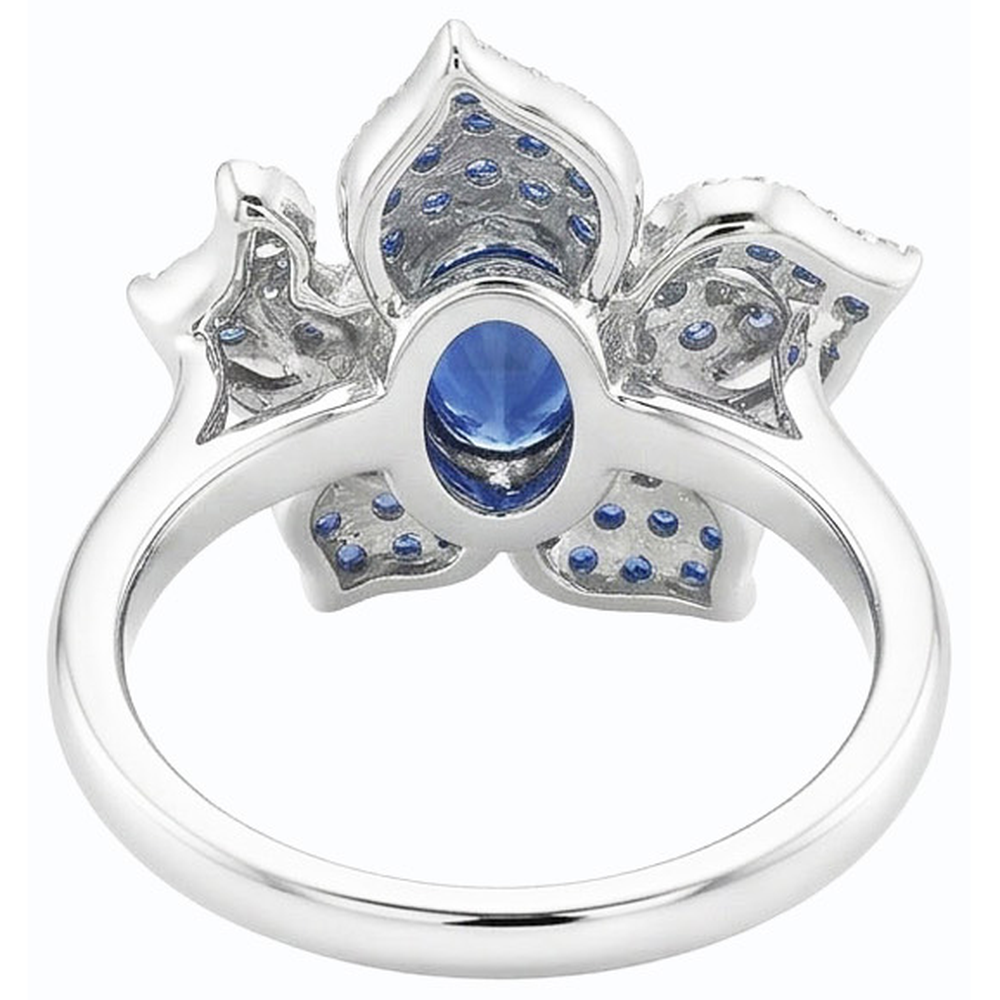 Gemstone Ring Blue Sapphire & Natural Earth Mined Diamonds 2.50 Carats Flower Style