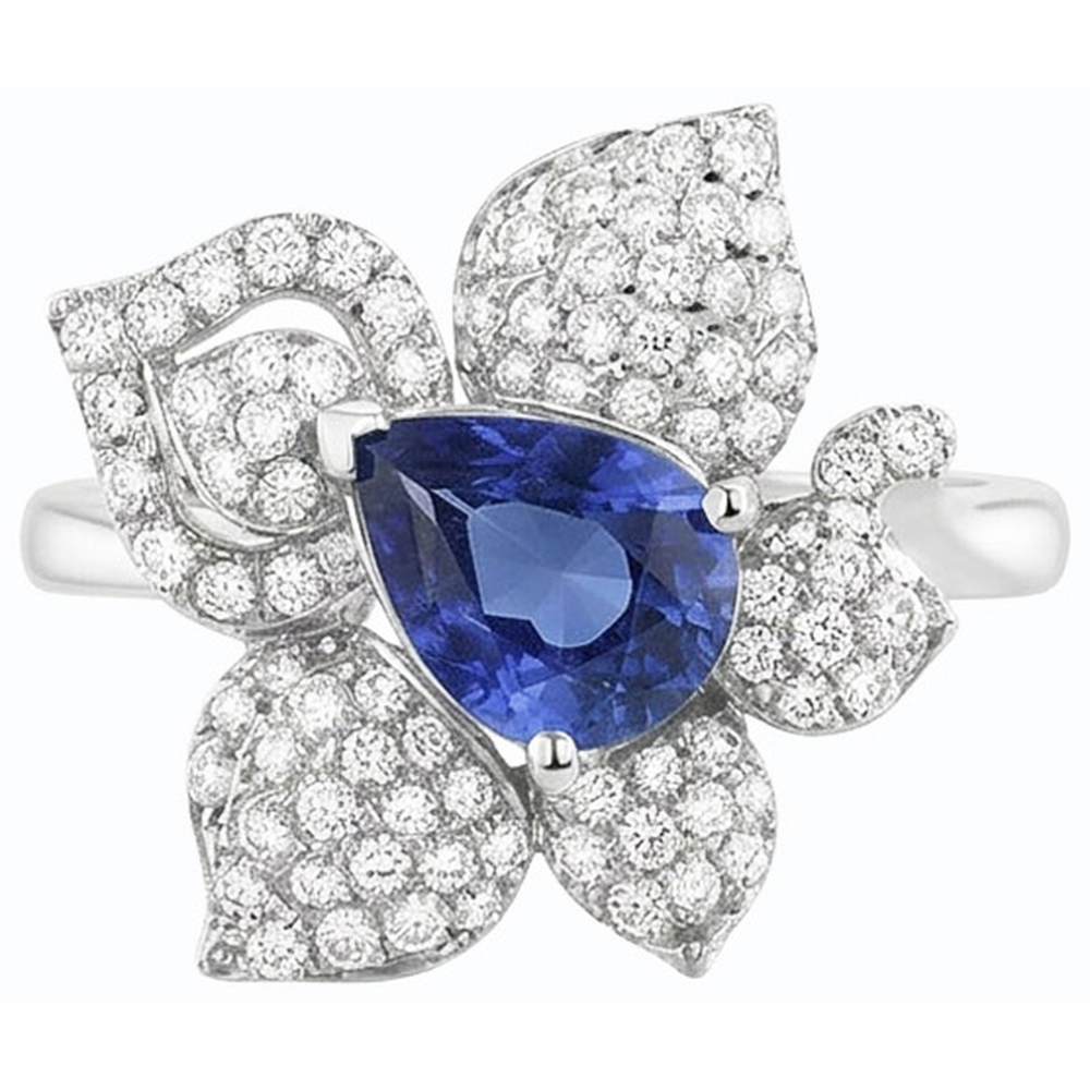 Gemstone Ring Blue Sapphire & Natural Earth Mined Diamonds 2.50 Carats Flower Style