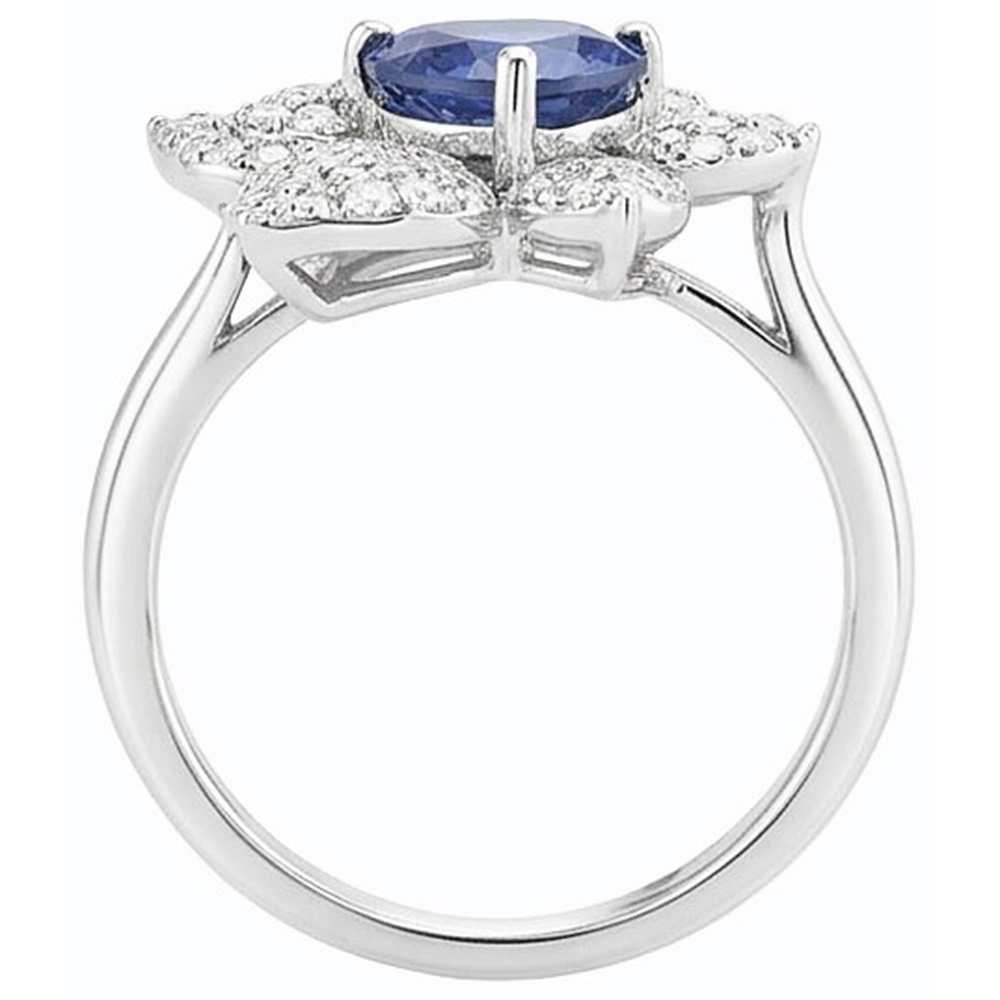 Gemstone Ring Blue Sapphire & Natural Earth Mined Diamonds 2.50 Carats Flower Style